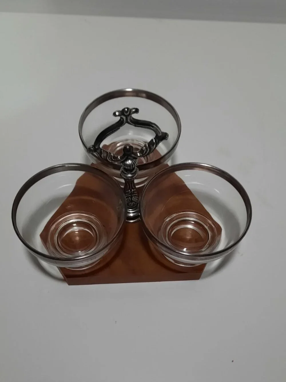 Vintage MCM 3 Bowl Silverplate Rim Glass Condiment Relish Caddy Wood Base